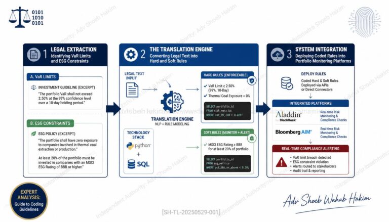 Tactical flowchart detailing the step-by-step process of extracting legal clauses from investor agreements and translating them into actionable Python and SQL code for asset management compliance by Adv. Shoeb Hakim