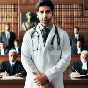 An Indian doctor standing in an Indian court
