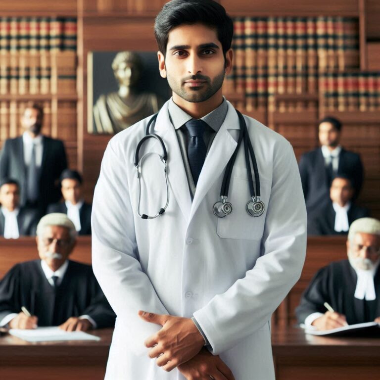 An Indian doctor standing in an Indian court