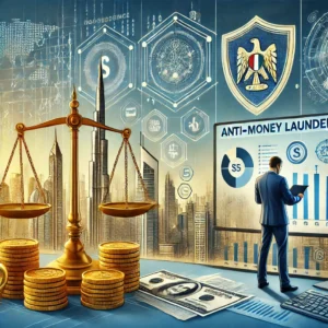 Here is an image representing Anti-Money Laundering (AML) in the UAE, visually connecting compliance, financial oversight, and law enforcement.