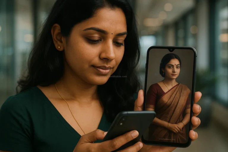 An Indian woman concerned about an AI-generated image of herself in a vintage saree on her phone, representing legal risks of deepfakes.