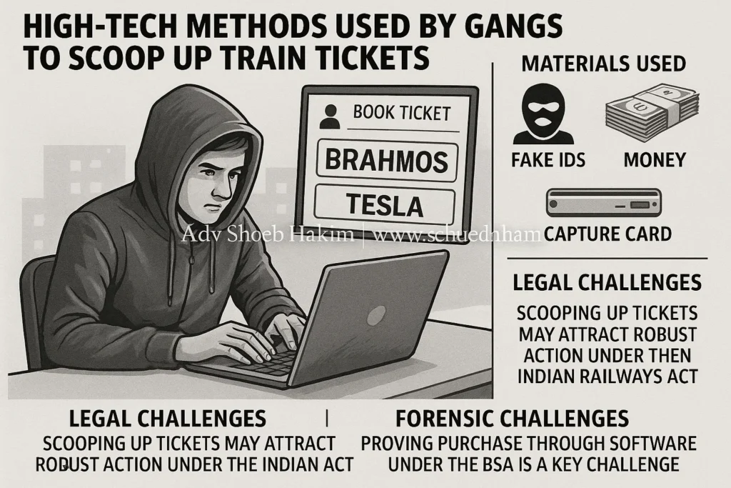 Photo-realistic image of a modern Indian man in a dark office, intensely looking at multiple computer screens displaying complex code and railway ticket booking interfaces, illustrating the sophisticated operation of illegal railway ticket booking software (Brahmos/Tesla). A digital watermark is visible.