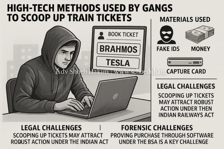 Photo-realistic image of a modern Indian man in a dark office, intensely looking at multiple computer screens displaying complex code and railway ticket booking interfaces, illustrating the sophisticated operation of illegal railway ticket booking software (Brahmos/Tesla). A digital watermark is visible.