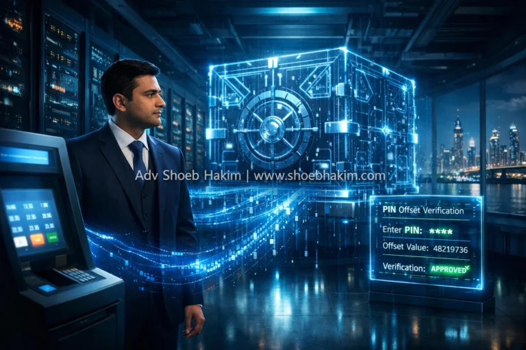 Photo-realistic landscape of an HSM digital vault in a Mumbai data center illustrating ATM PIN verification security protocols, curated by Adv. Shoeb Hakim.