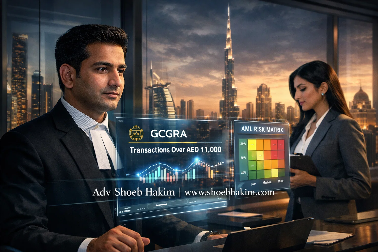 Adv Shoeb Hakim interacting with futuristic digital compliance matrices