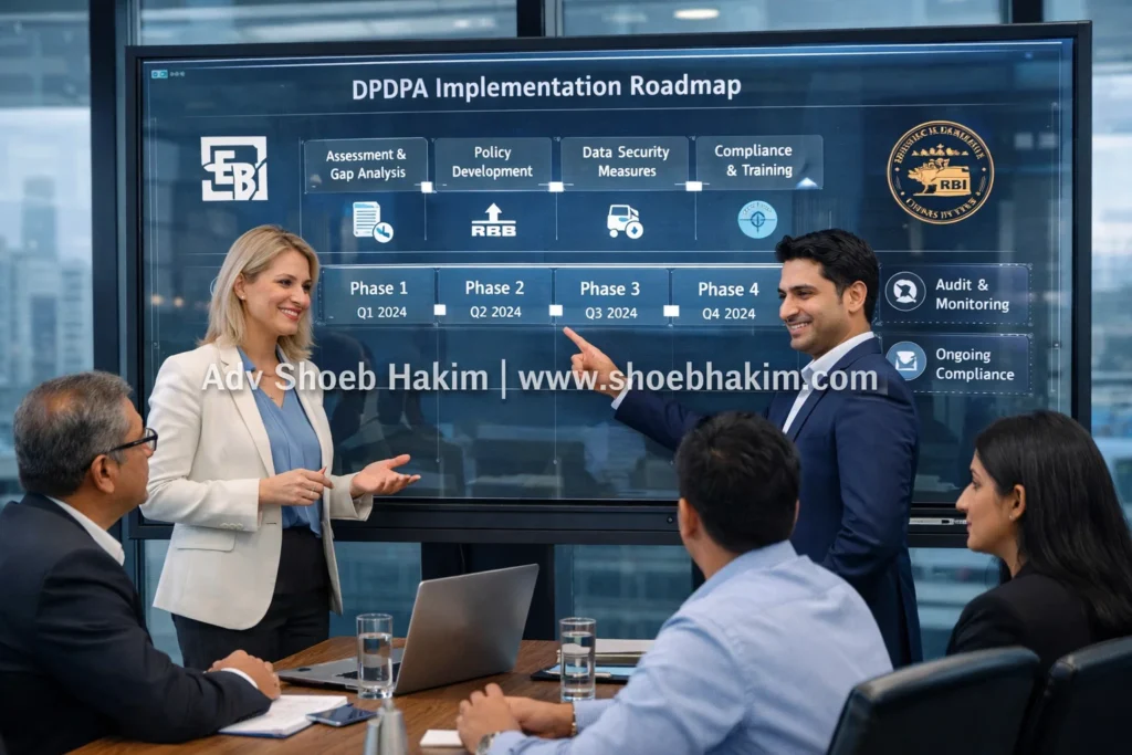 Photo-realistic landscape of Adv. Shoeb Hakim analyzing DPDPA compliance for RBI & SEBI entities illustrating the data protection framework, curated by Adv. Shoeb Hakim.