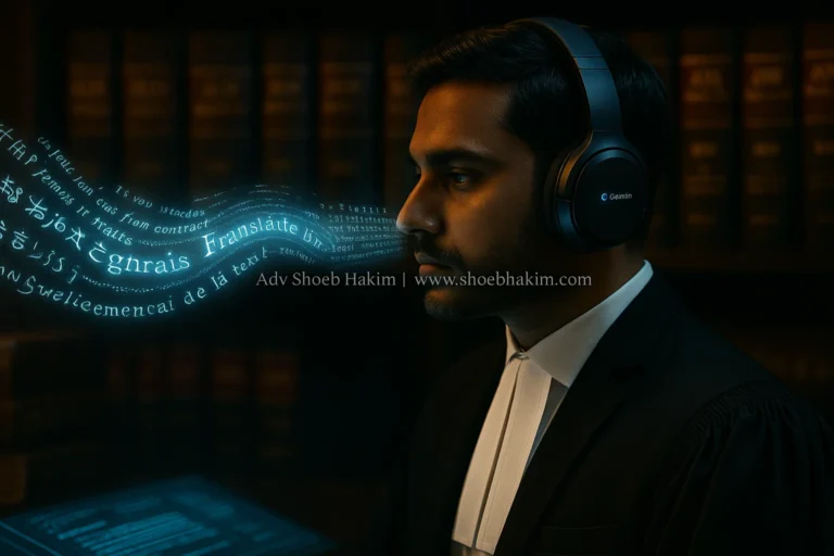 A creative visualization of an Indian lawyer using AI-powered headphones to translate foreign languages into legal English in real-time.