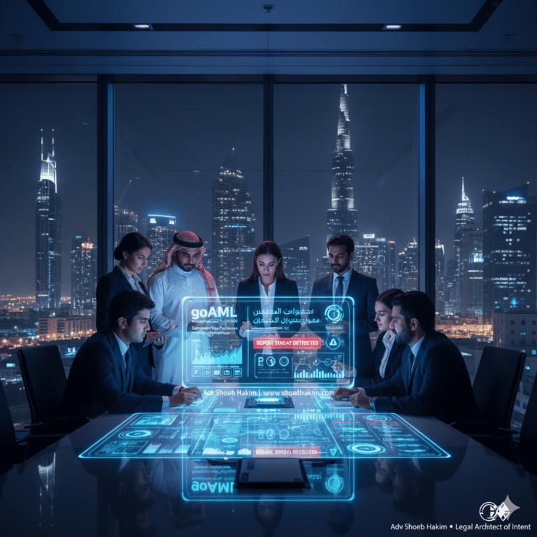 Photo-realistic landscape of a Dubai compliance center illustrating UAE goAML SAR reporting protocols, curated by Adv. Shoeb Hakim.