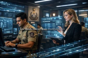 Photo-realistic scene of an Indian Investigating Officer documenting digital FIR parameters, curated by Adv. Shoeb Hakim.