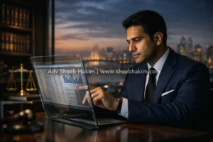 Adv Shoeb Hakim analyzing financial records in a 498A case context.