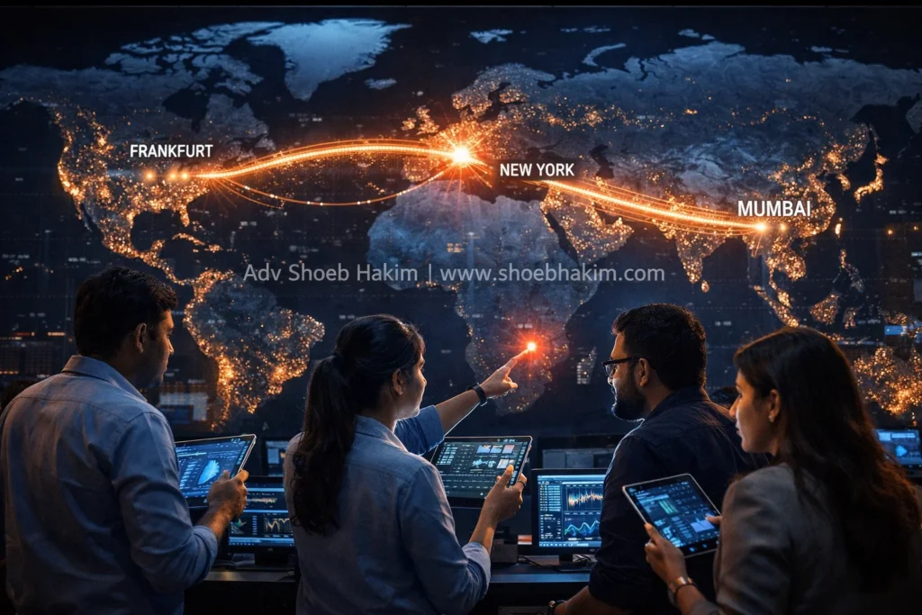 A hyper-realistic global financial control room monitoring EU AMLA and NACHA 2026 data flows, analysis by Adv Shoeb Hakim.