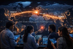 A hyper-realistic global financial control room monitoring EU AMLA and NACHA 2026 data flows, analysis by Adv Shoeb Hakim.