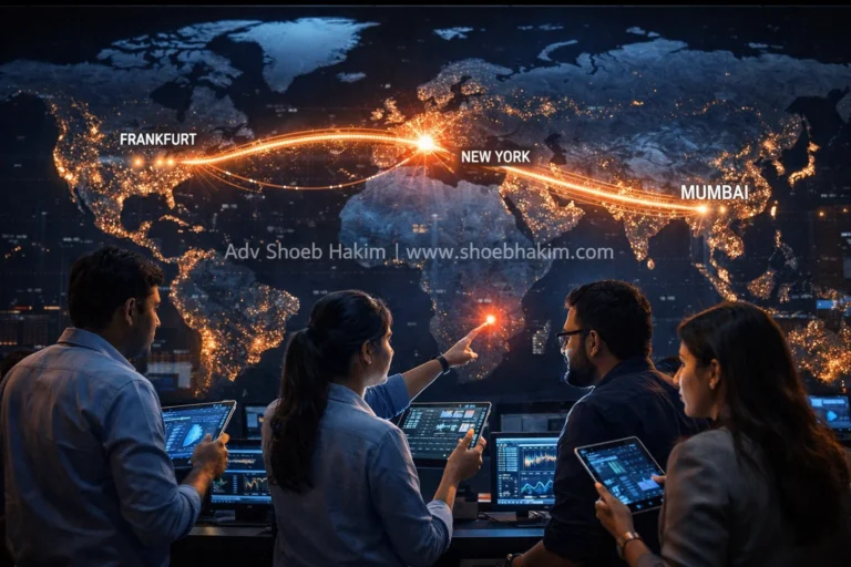 A hyper-realistic global financial control room monitoring EU AMLA and NACHA 2026 data flows, analysis by Adv Shoeb Hakim.