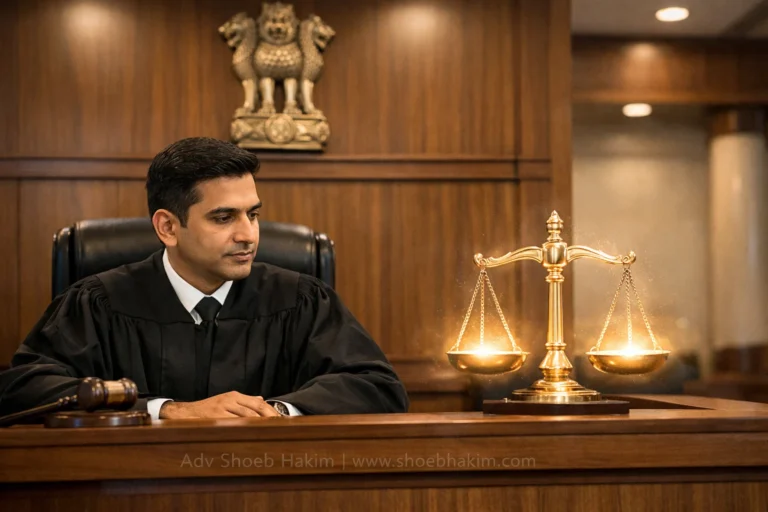 Photo-realistic landscape of an Indian Judge protected by a geometric light shield illustrating Article 235 protections, curated by Adv. Shoeb Hakim.