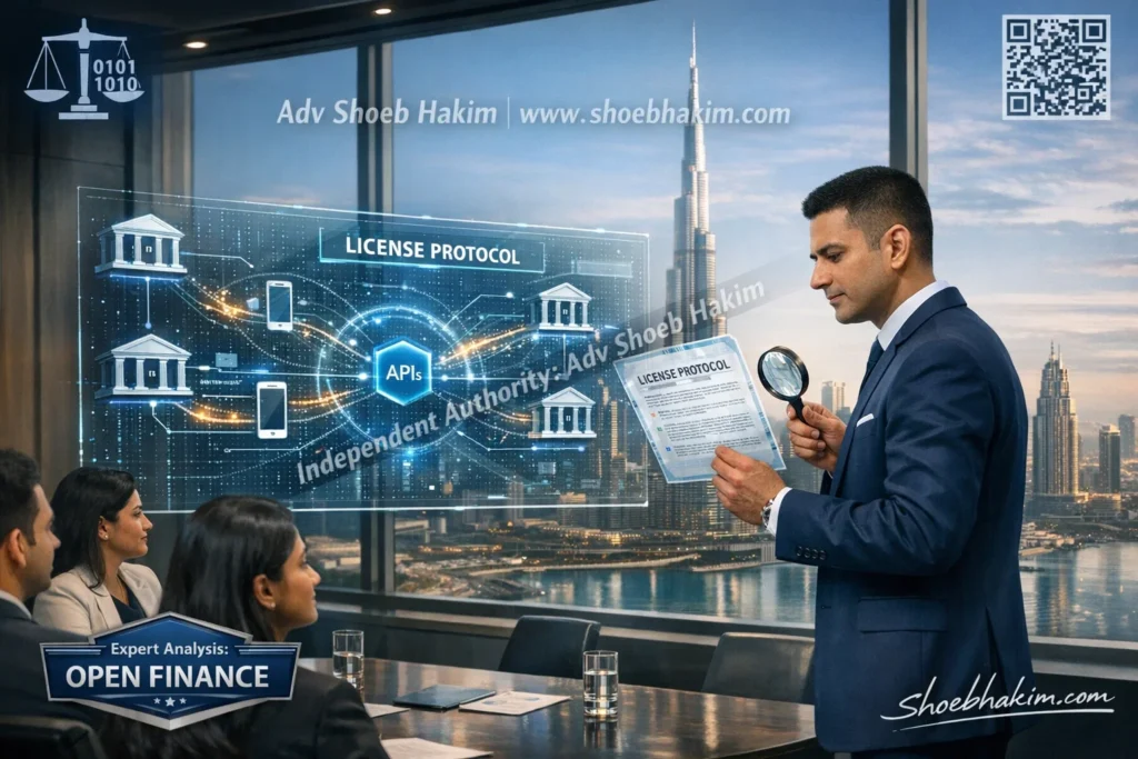 Adv Shoeb Hakim analyzing Open Finance Dubai legal framework and API data sharing mandates for fintech compliance