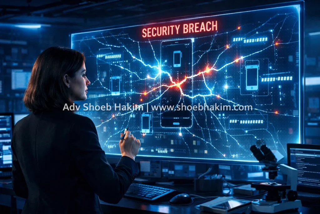 Photo-realistic landscape of Adv Shoeb Hakim analyzing mobile signaling vulnerabilities and USSD call forwarding scams.