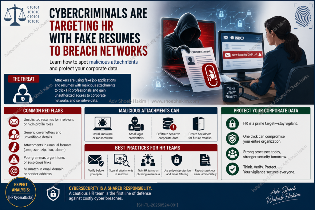 Infographic showing the anatomy of a fake resume cyber attack targeting HR teams.