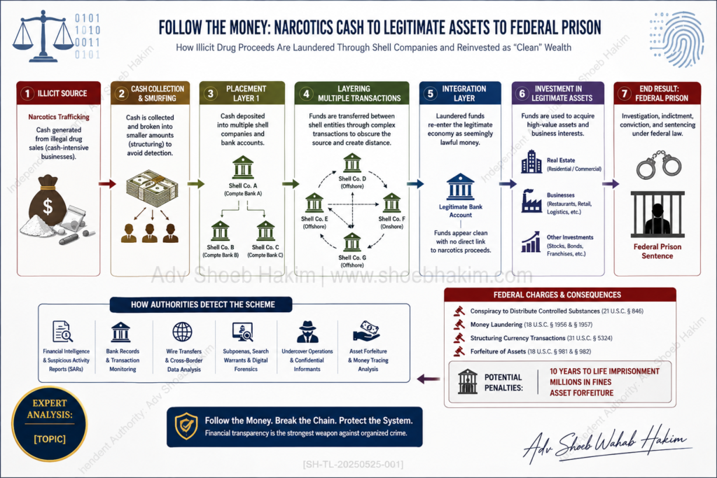 Corporate Money Laundering Scheme conviction details showing how complex shell companies obscure illicit narcotics funds.