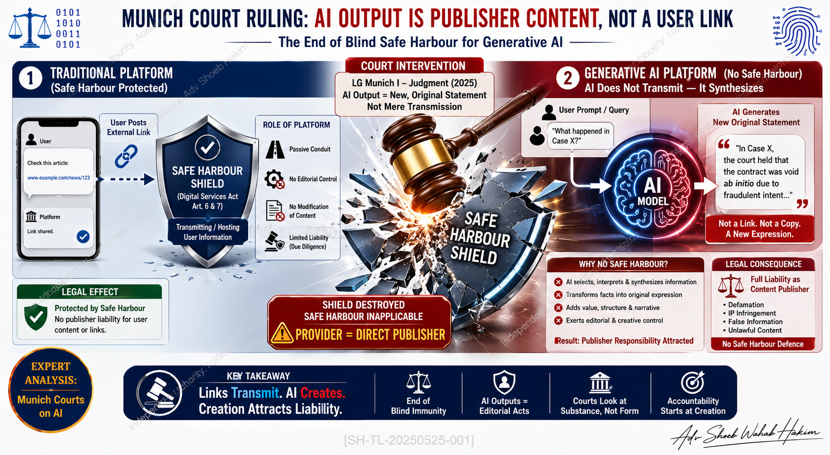 Legal flowchart detailing the shift from platform intermediary safe harbour to direct publisher liability for AI Overviews.