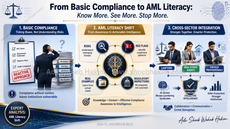 Strategic framework illustrating the shift from basic regulatory compliance to comprehensive AML literacy across banking, legal, and real estate sectors by Adv. Shoeb Hakim
