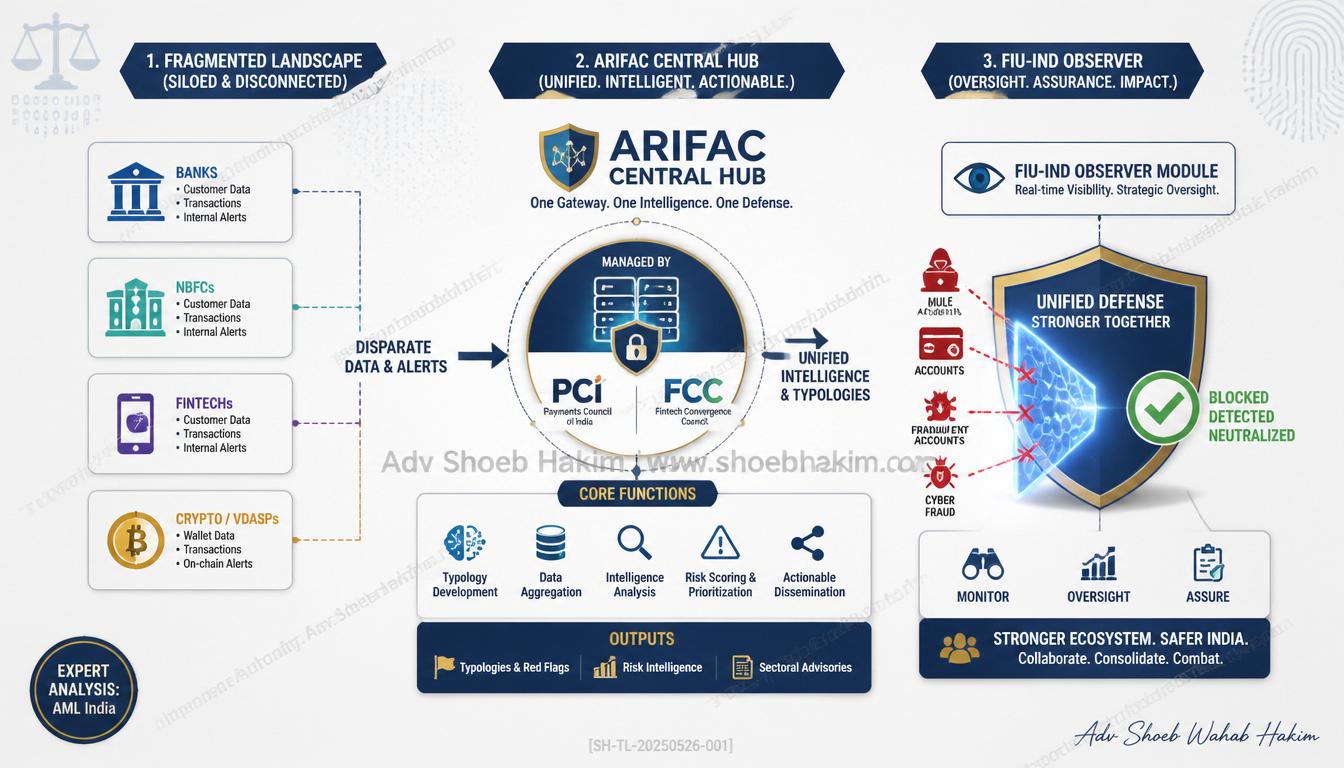 Strategic flowchart detailing the structural pillars of ARIFAC uniting banks, fintechs, and VDASPs to fortify India's AML/CFT framework.