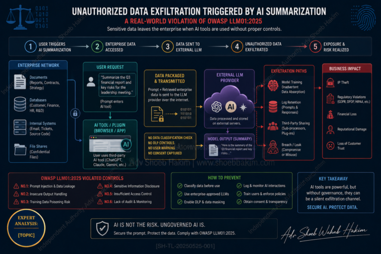 Enterprise compliance dashboard showing the ChatGPhish vulnerability and unauthorized data exfiltration by Adv. Shoeb Hakim