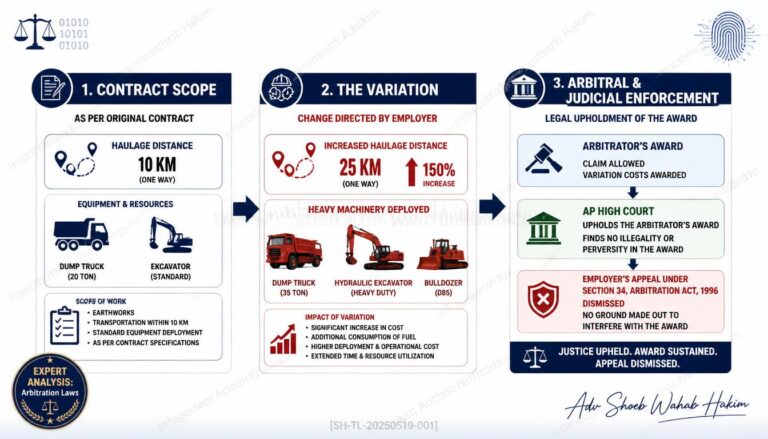 Legal flowchart detailing the transition of out-of-scope construction work into a legally enforceable contractual variation under the Arbitration Act by Adv. Shoeb Hakim
