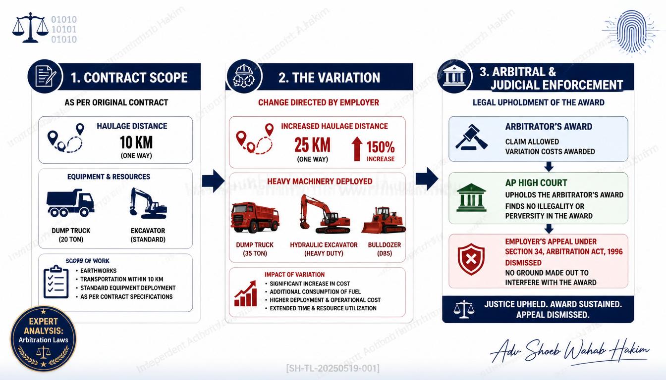 Legal flowchart detailing the transition of out-of-scope construction work into a legally enforceable contractual variation under the Arbitration Act.