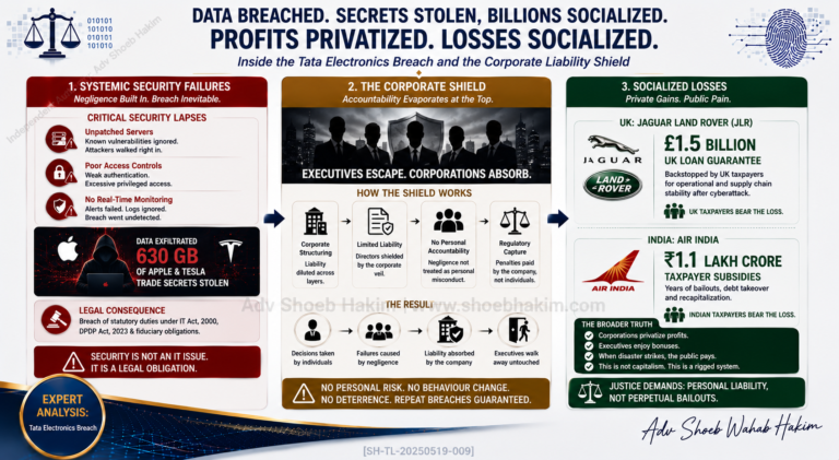Tactical flowchart detailing the cycle of corporate cyber negligence, showing how systemic security failures result in taxpayer-funded bailouts rather than executive liability by Adv. Shoeb Hakim