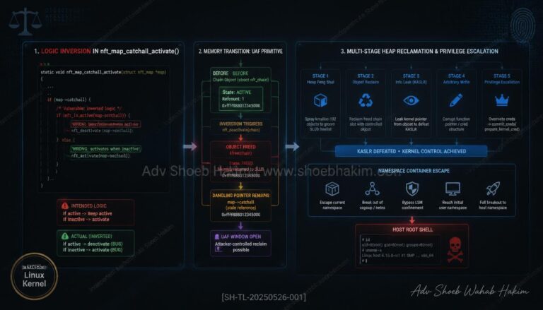 Diagram tracing the CVE-2026-23111 Linux Kernel use-after-free exploit chain from nftables logic error to host root shell by Adv. Shoeb Hakim
