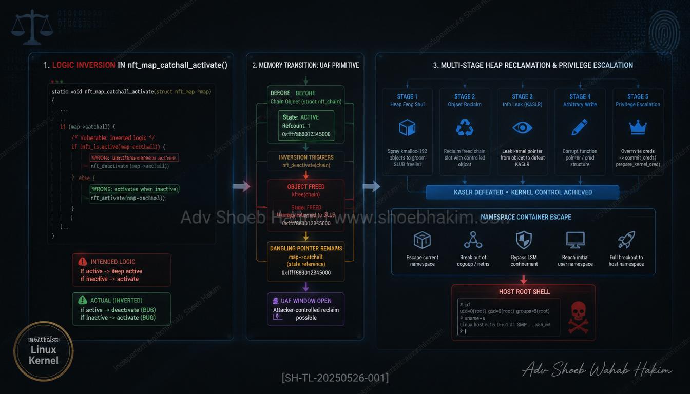 Diagram tracing the CVE-2026-23111 Linux Kernel use-after-free exploit chain from nftables logic error to host root shell.