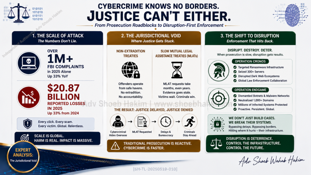 Tactical flowchart detailing the "Prosecution Gap," illustrating the vast disparity between millions of cybercrime reports and the scarce number of actual convictions by Adv. Shoeb Hakim