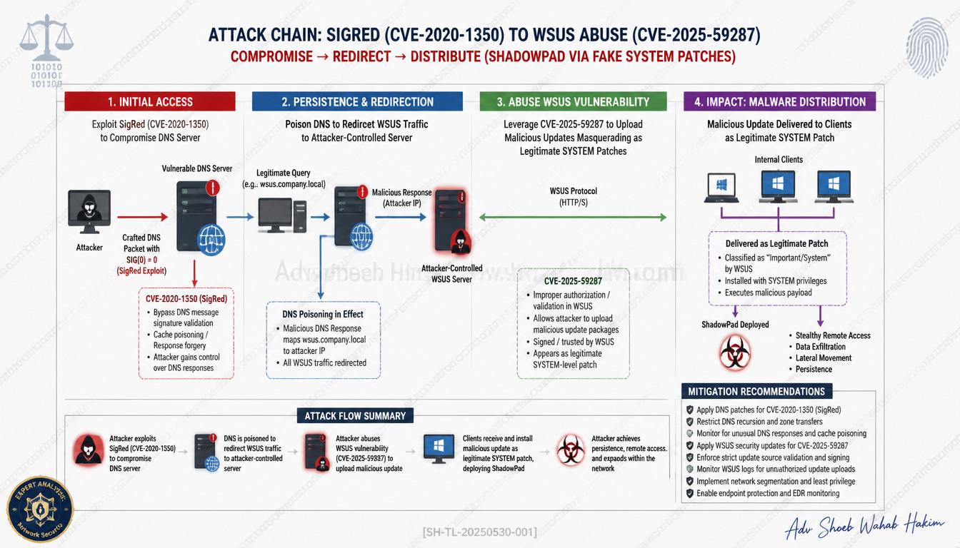 Threat model diagram showing the attack chain combining DNS redirection and WSUS vulnerabilities to distribute malicious code.