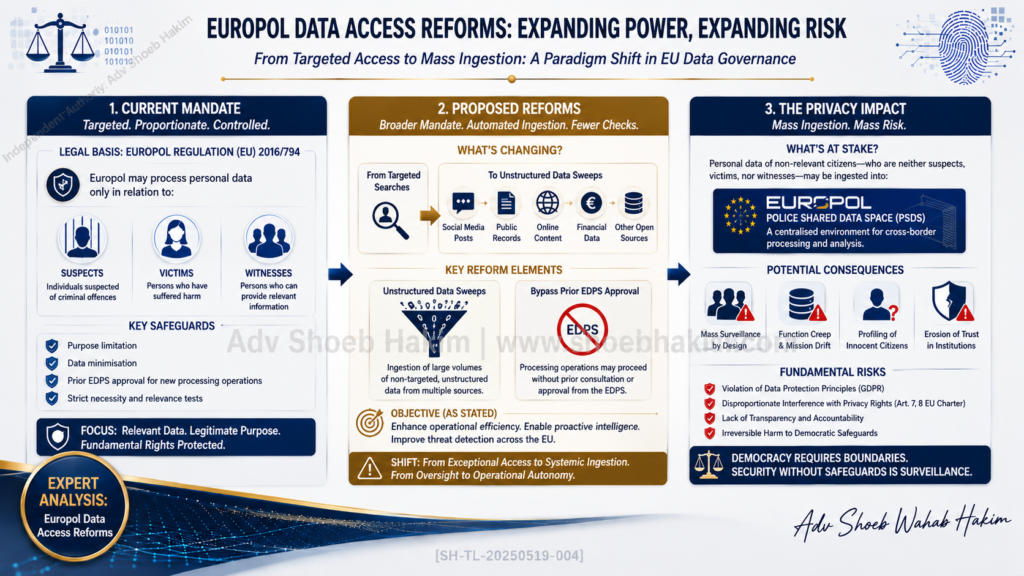 Tactical flowchart detailing Europol's proposed expansion of data processing powers, contrasting cybercrime enforcement with GDPR privacy safeguards by Adv. Shoeb Hakim