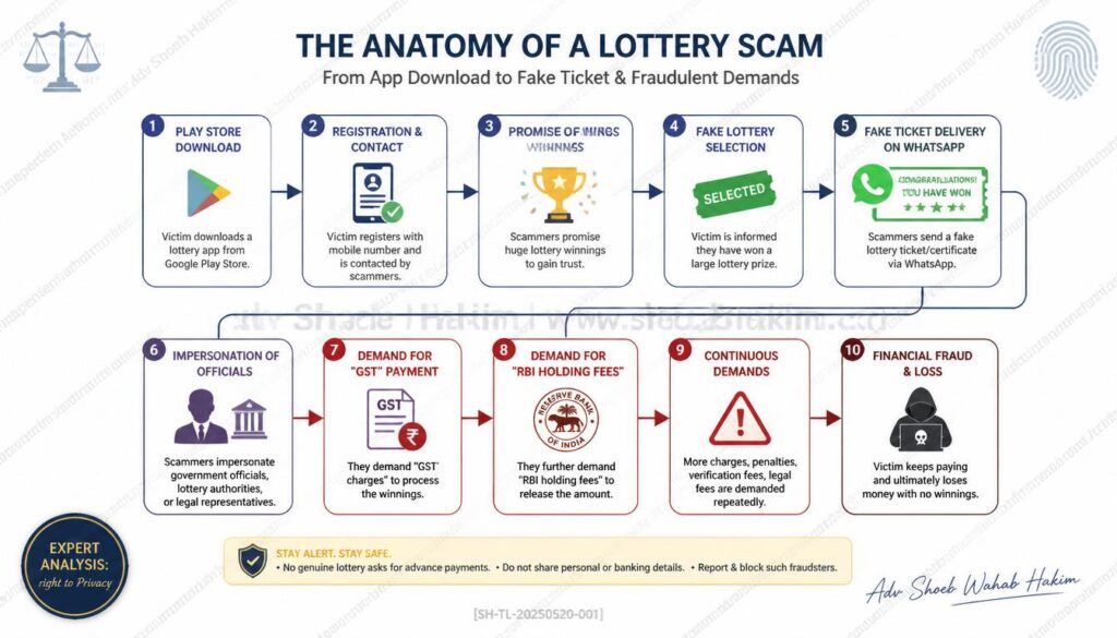 Diagram explaining the operational cycle of Fake Kerala Lottery Apps and the resulting financial fraud by Adv. Shoeb Hakim