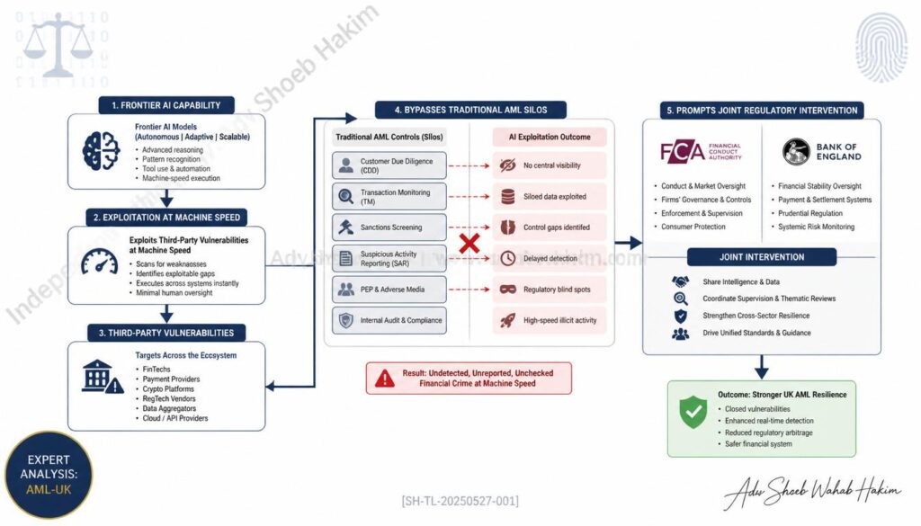 Diagram of Frontier AI Cyber Risks impacting UK financial crime compliance and operational resilience by Adv. Shoeb Hakim