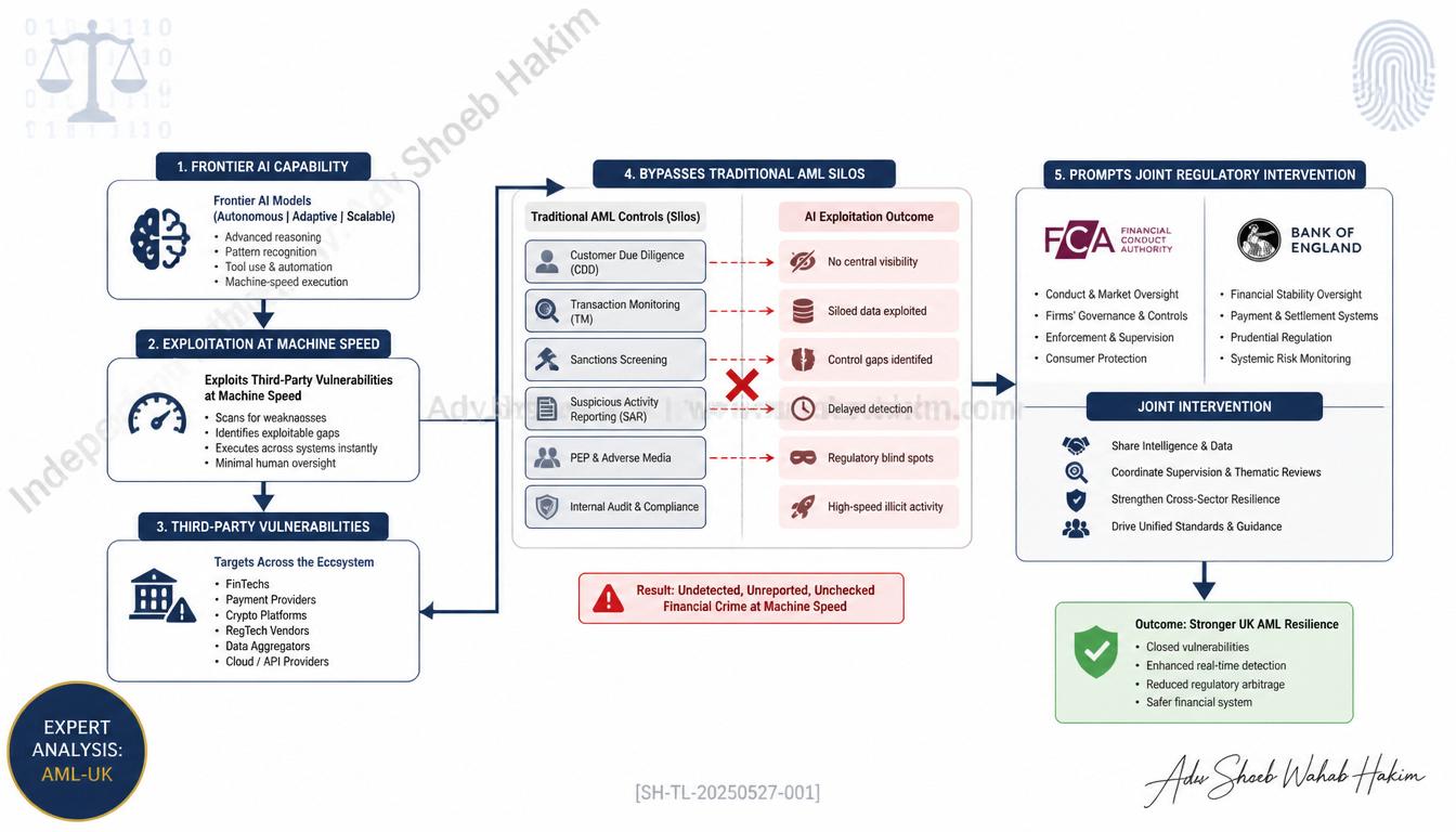Diagram of Frontier AI Cyber Risks impacting UK financial crime compliance and operational resilience.