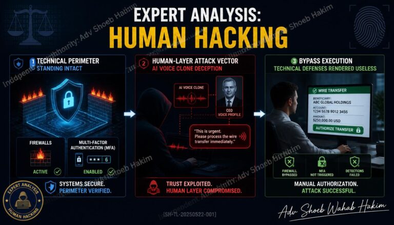 Technical schematic illustrating a human-layer cyberattack, showing an AI deepfake bypassing a corporate firewall by directly manipulating an employee by Adv. Shoeb Hakim