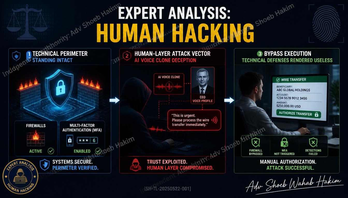 Technical schematic illustrating a human-layer cyberattack, showing an AI deepfake bypassing a corporate firewall by directly manipulating an employee.