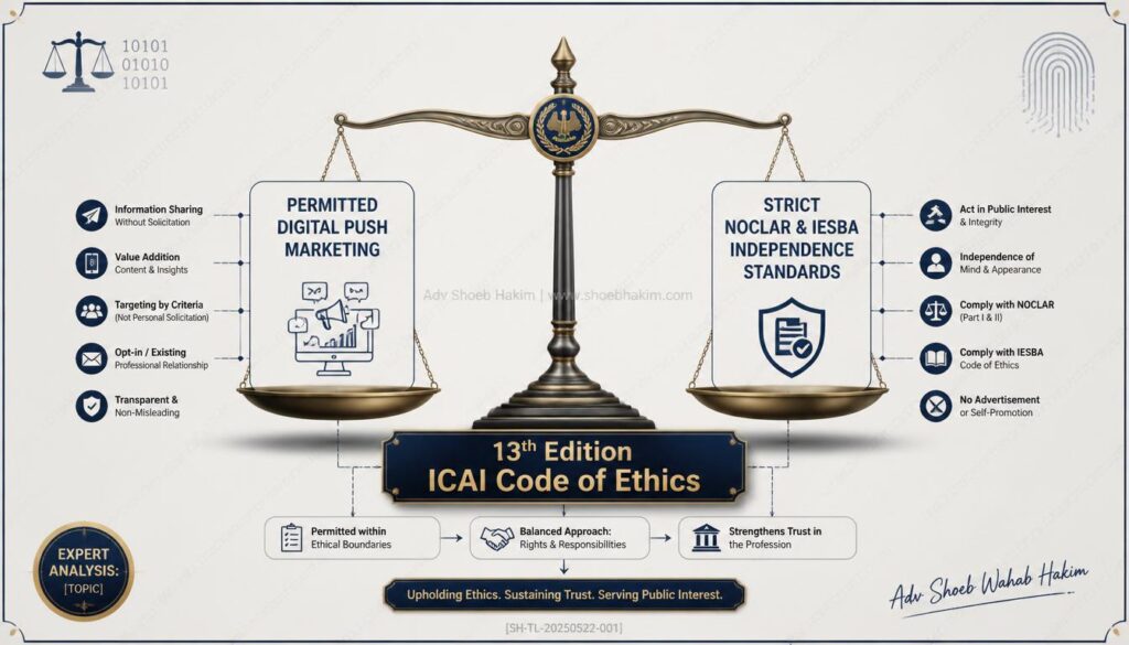 Diagram analyzing the 2026 ICAI Code of Ethics revisions, balancing advertising permissions with auditor independence by Adv. Shoeb Hakim