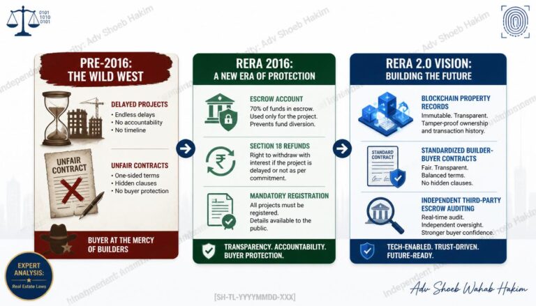 Legal flowchart contrasting the pre-RERA real estate landscape with current protections and the upcoming RERA 2.0 technological governance model by Adv. Shoeb Hakim