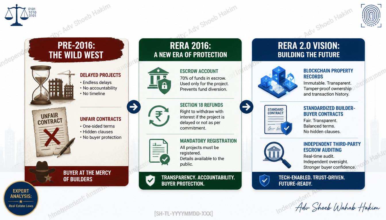 Legal flowchart contrasting the pre-RERA real estate landscape with current protections and the upcoming RERA 2.0 technological governance model.