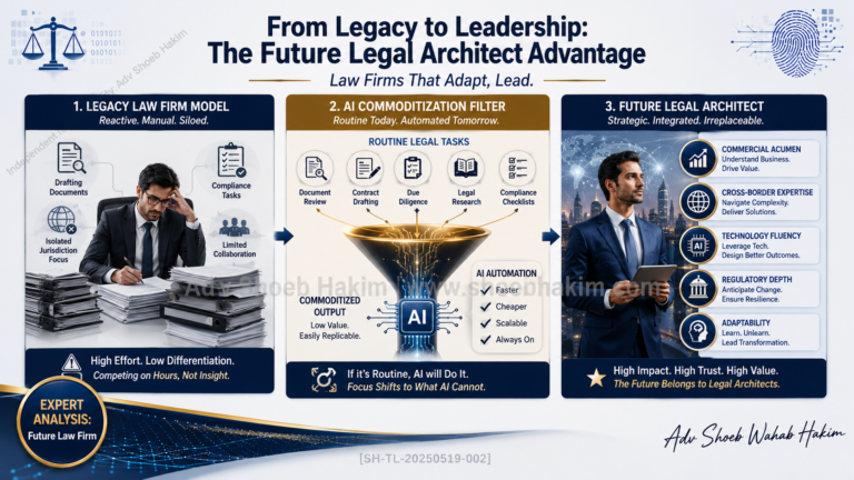 Strategic flowchart detailing the five core skill clusters required for legal professionals in India and APAC law firms, focusing on AI and commercial acumen by Adv. Shoeb Hakim