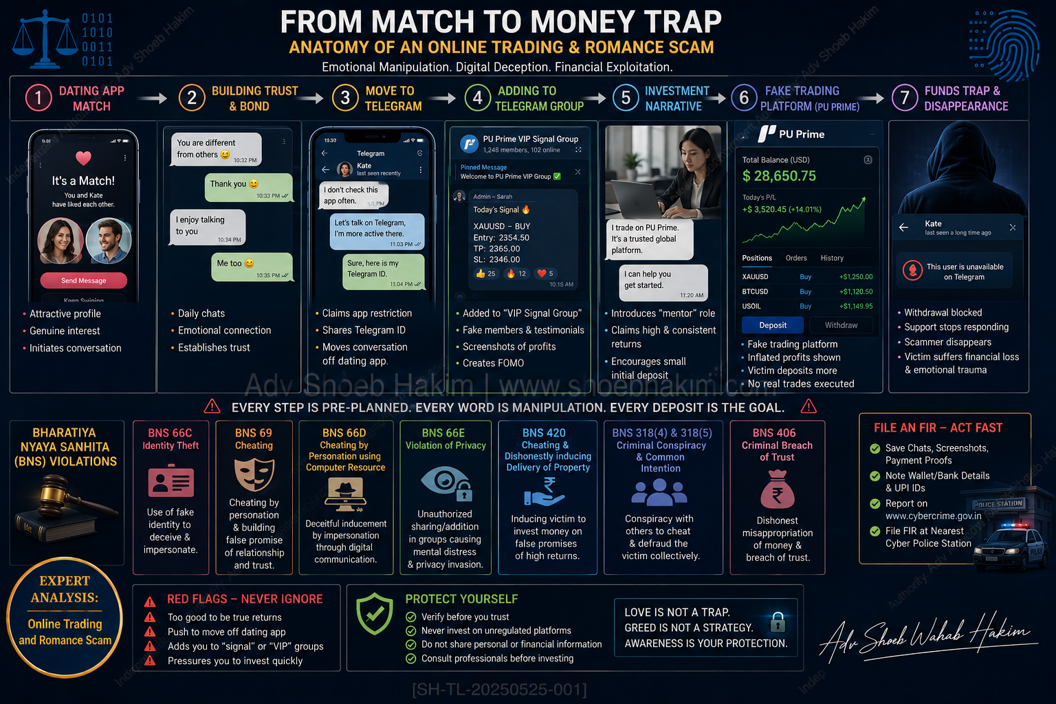 Diagram explaining the anatomy of a Pig Butchering Scam and legal recovery avenues under the BNS.