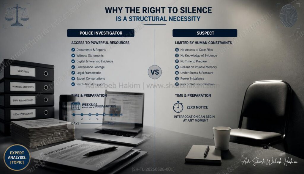 Diagram illustrating the information asymmetry between police investigators and a suspect, highlighting the necessity of the right to silence by Adv. Shoeb Hakim
