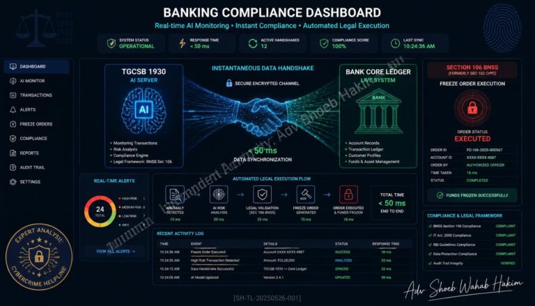 Technical schematic of the TGCSB 1930 AI Voice Assistant intercepting a cyber fraud call and instantly generating a bank freeze mandate by Adv. Shoeb Hakim