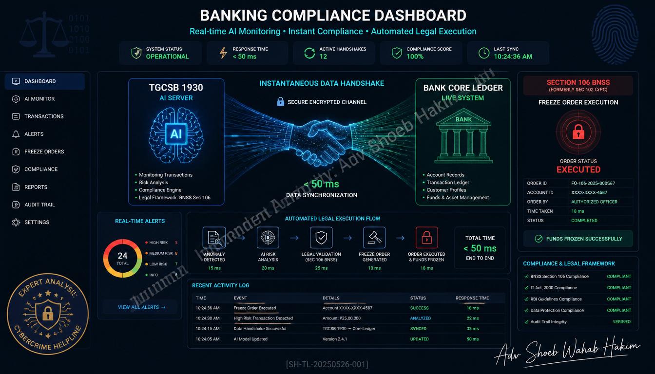 Technical schematic of the TGCSB 1930 AI Voice Assistant intercepting a cyber fraud call and instantly generating a bank freeze mandate.