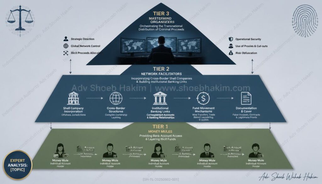 Transnational money laundering flow chart showing how money mules and shell company facilitators hide stolen funds across Europe by Adv. Shoeb Hakim