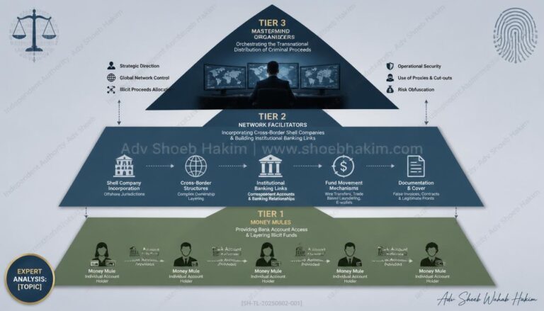 Transnational money laundering flow chart showing how money mules and shell company facilitators hide stolen funds across Europe by Adv. Shoeb Hakim