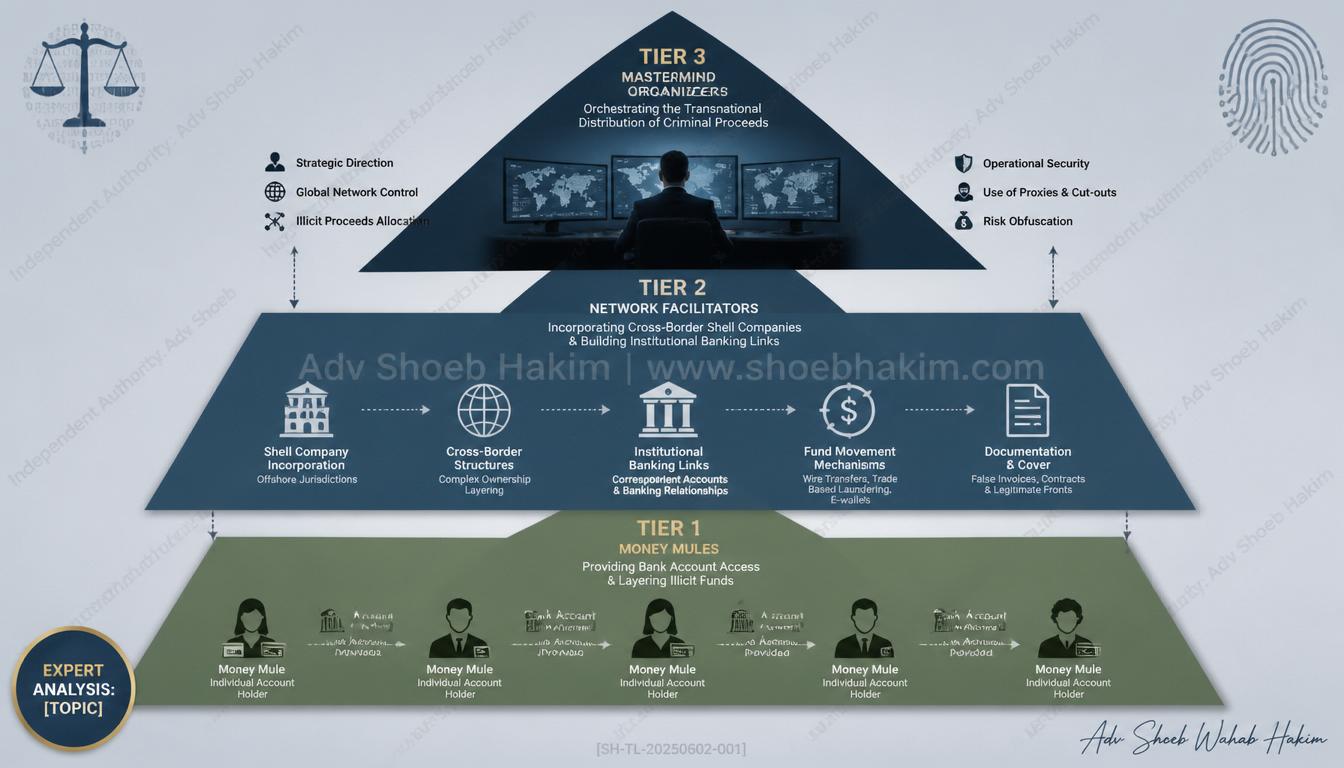 Transnational money laundering flow chart showing how money mules and shell company facilitators hide stolen funds across Europe.